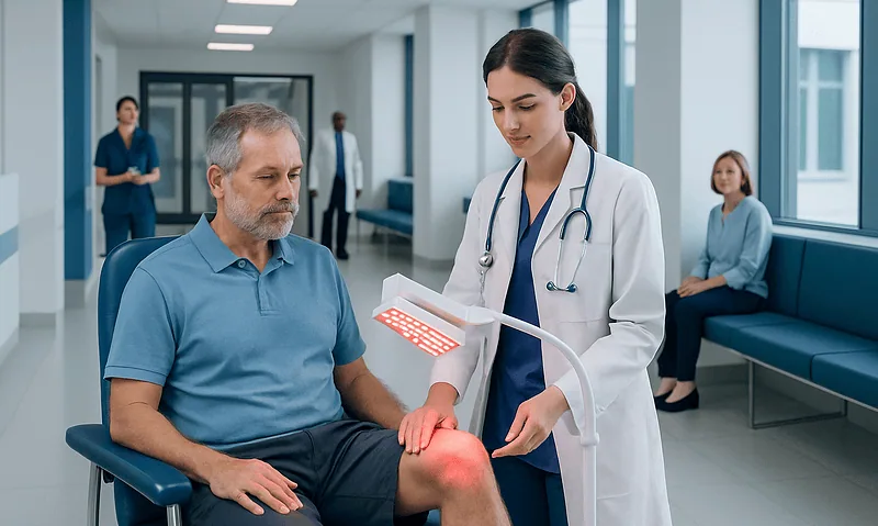 Doctor applying red light therapy to patient's knee in clinic setting.