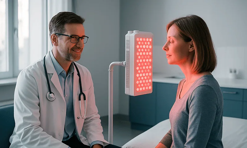 Doctor explains red light therapy device to patient in clinic setting.