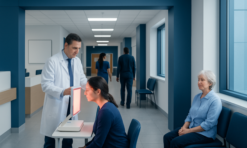 Doctor consulting with patient in hospital corridor with elderly woman nearby.