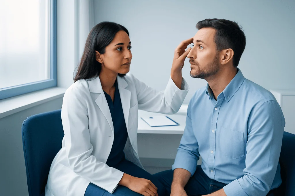 Ophthalmologist examining a patient's eyes in a consultation room.