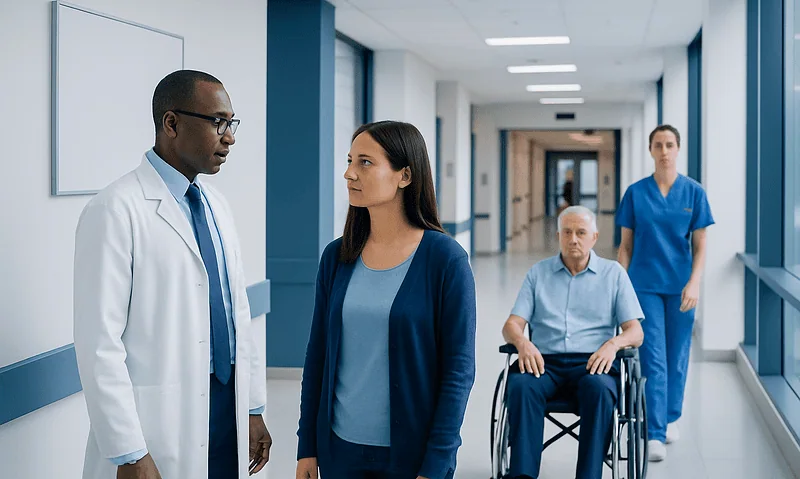 Doctor and patient in hospital corridor discussing health concerns.