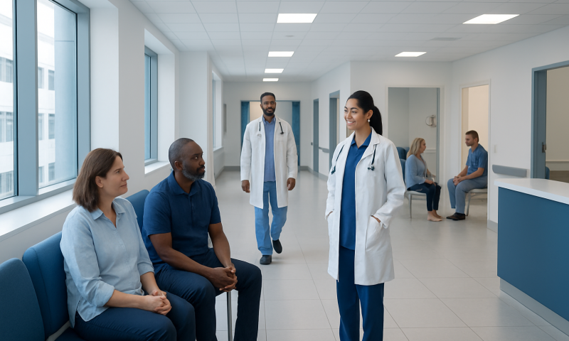 Healthcare professionals and patients in a hospital waiting area.