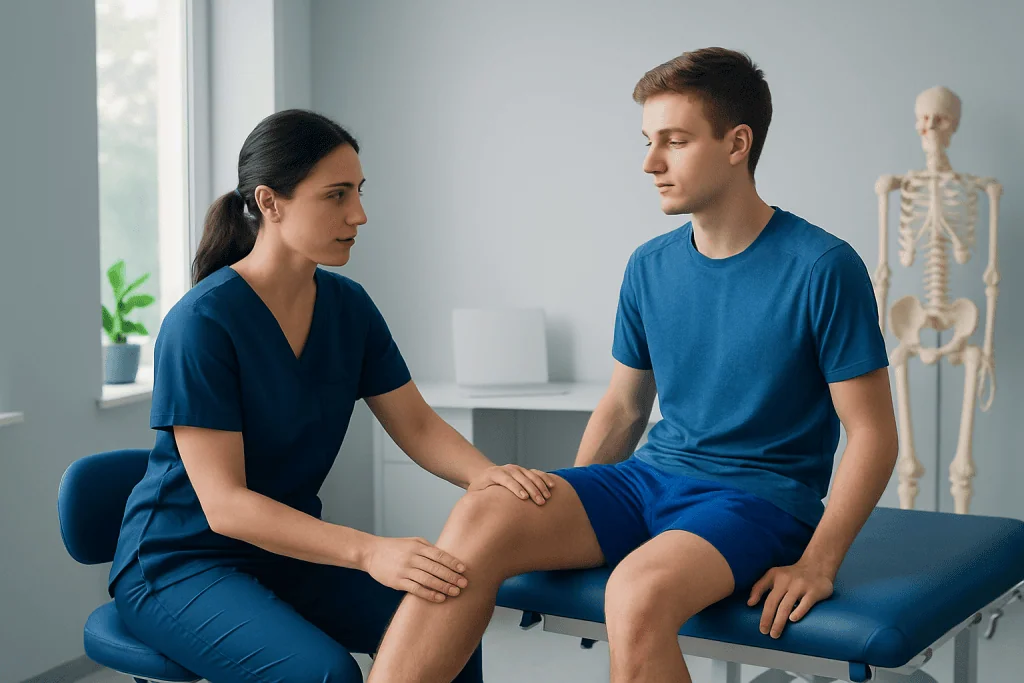 Doctor examining a young patient's knee in a medical clinic.