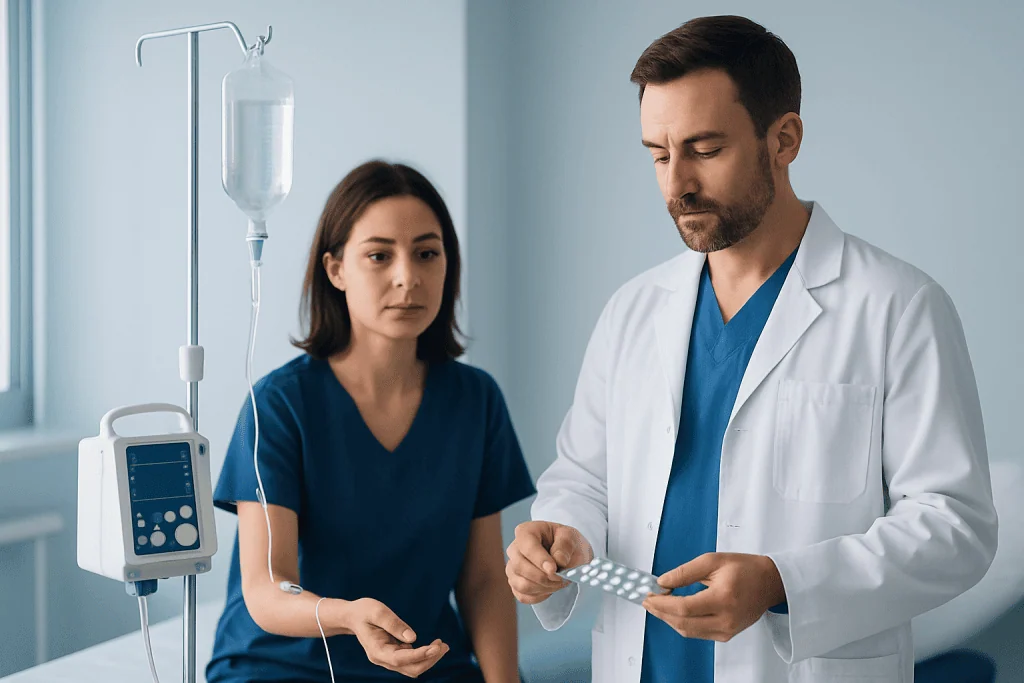 Doctor and patient discussing medication in hospital room.
