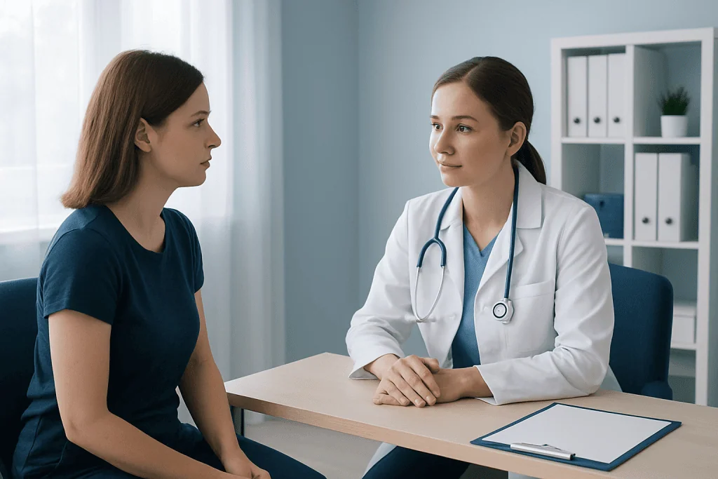 Doctor consulting with a young woman in a medical office.