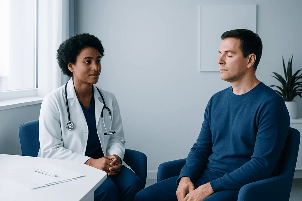 Doctor consulting patient in a medical office for stress management.