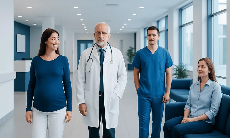 Medical team with doctor and nurses in hospital corridor.