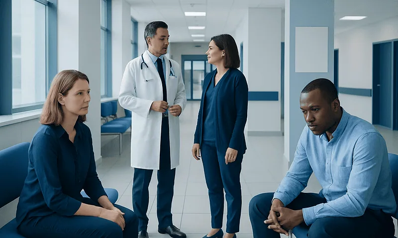Medical team discussing patient care in hospital corridor.