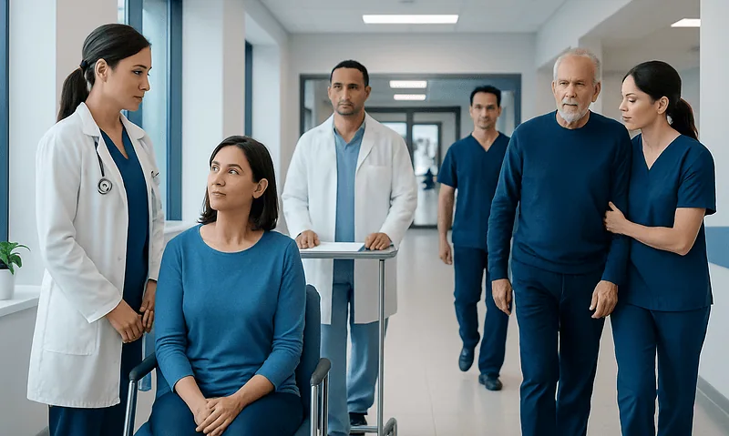 Medical team consulting with a patient in hospital corridor.