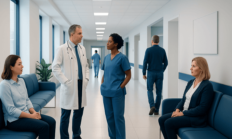 Medical professionals and patients in a hospital corridor.
