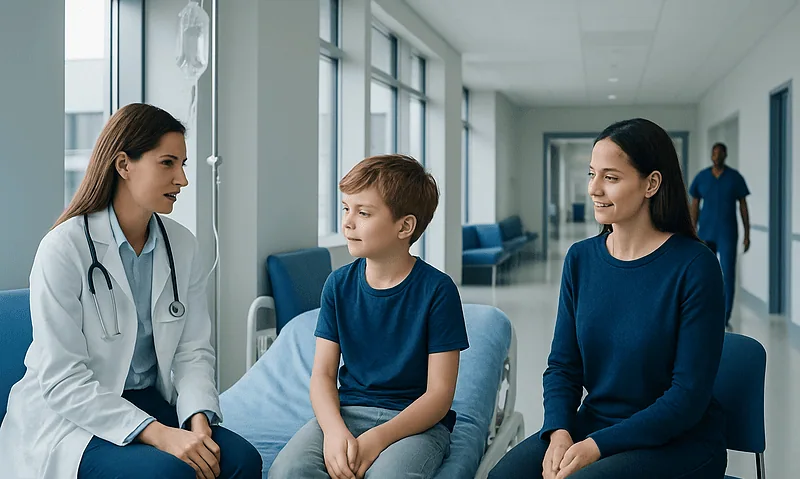 Pediatric consultation in hospital with doctor and young patient.
