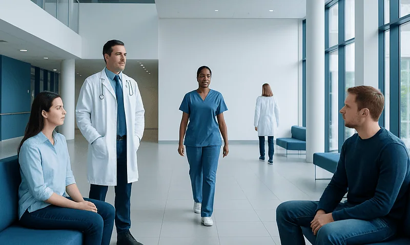Replacement for Contact Lens Solution: Procedure, Recovery and Results 6 Medical consultation in a modern hospital waiting area with healthcare professionals and patients.