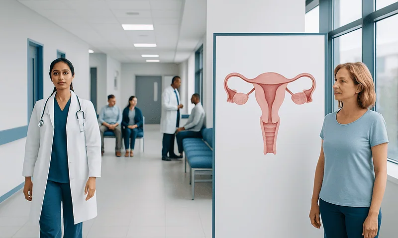 Doctor and patient discussing reproductive health in a hospital setting.