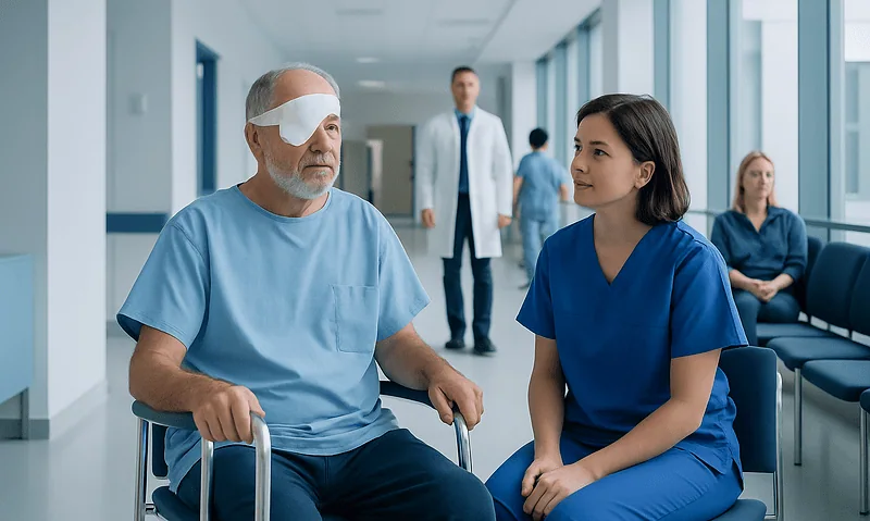 Patient with eye patch consulting with nurse in hospital corridor.