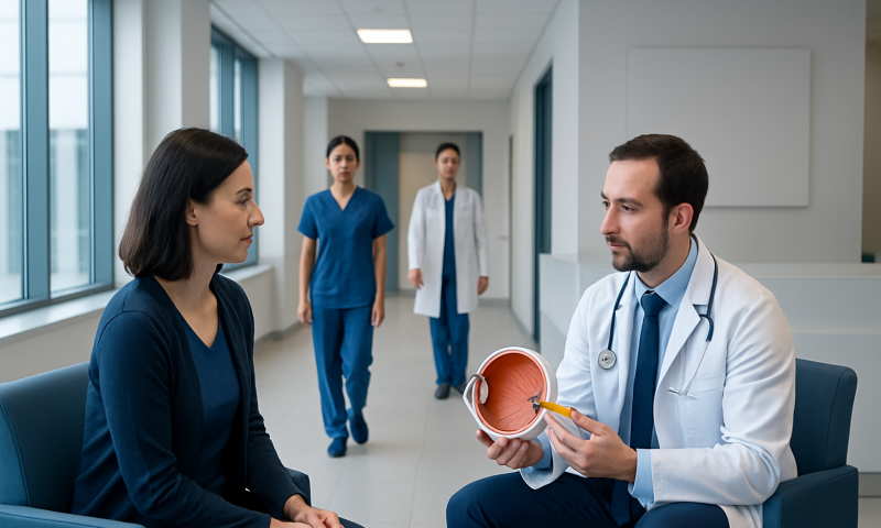 Doctor explaining eye health to patient in hospital corridor.