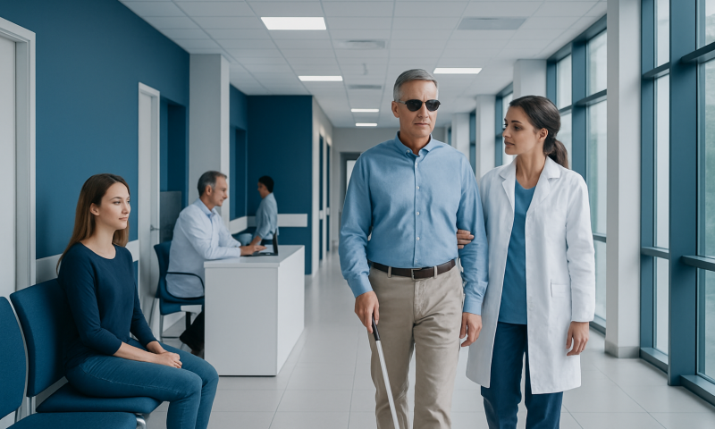 Senior man with cane walking in hospital corridor with healthcare professional.