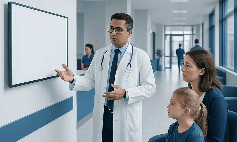 Doctor explaining to a mother and daughter in a hospital corridor.