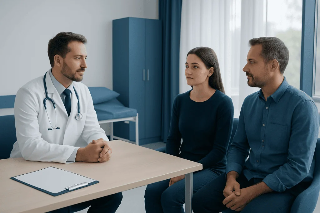 Doctor consulting with a couple in a hospital room.