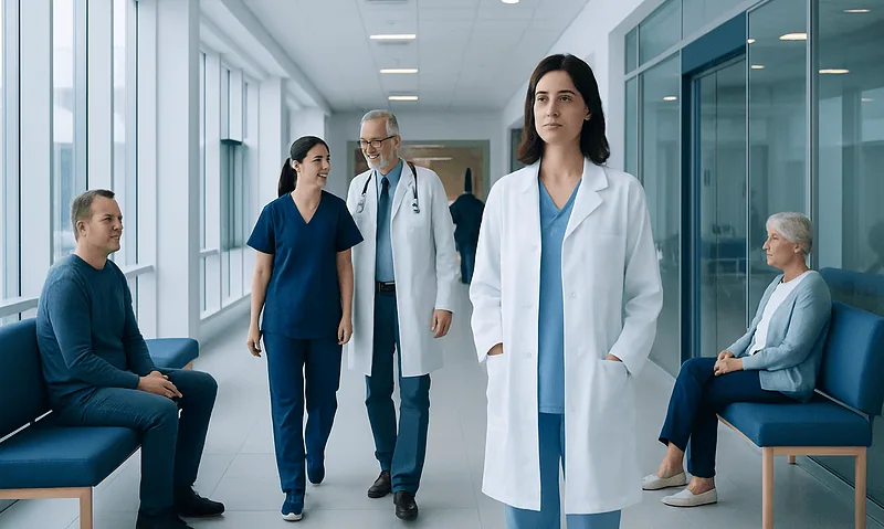 Medical team and patients in a modern hospital corridor.