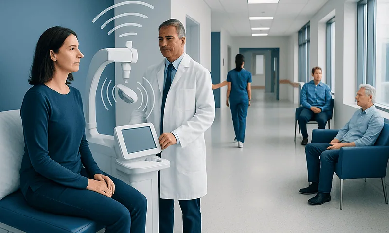Medical professional explains Rf radiation to patient in hospital setting.