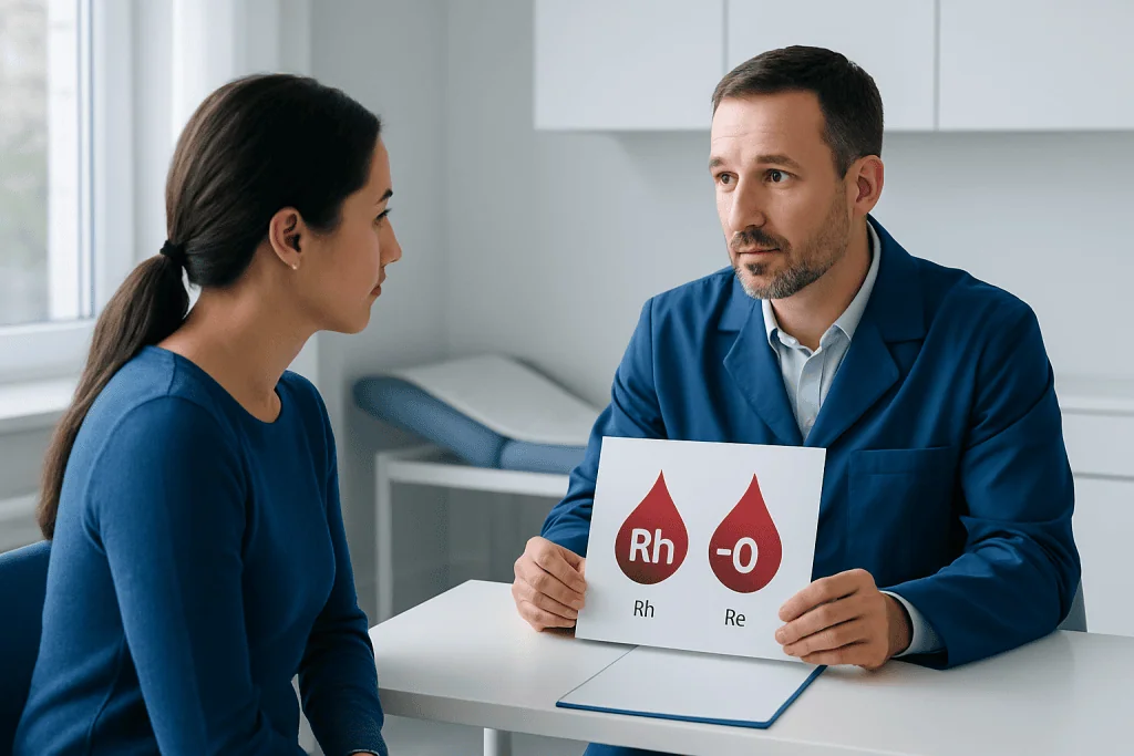 Doctor explaining Rh factor and blood type to patient in a medical consultation.