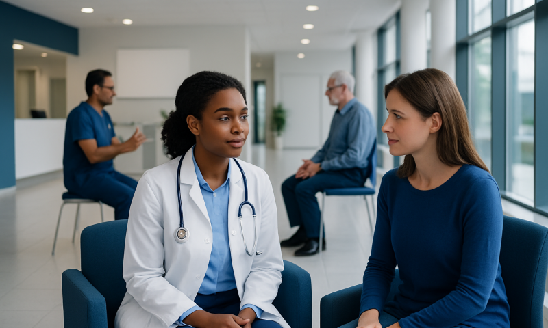 Doctor consulting with a patient in a modern hospital waiting area.