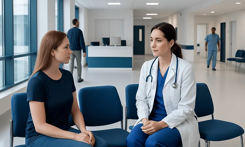 Doctor consulting with a patient in a hospital waiting area.