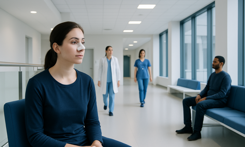 Patient waiting in hospital corridor with medical staff nearby.