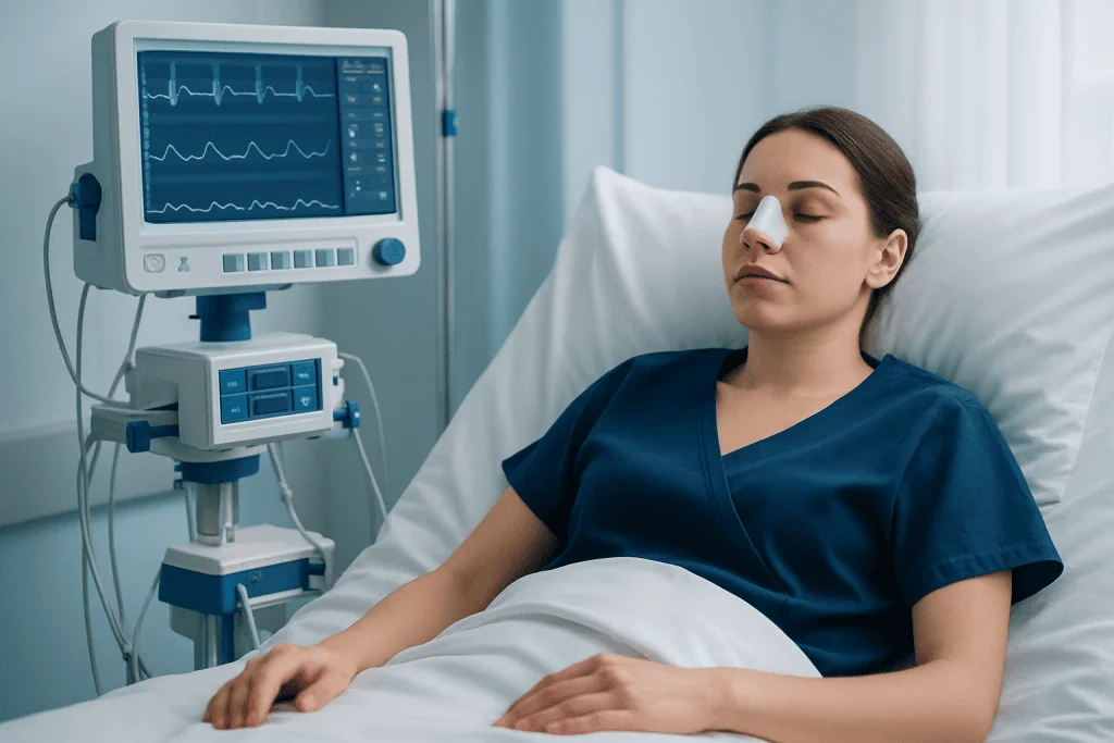 Patient resting in hospital bed with monitoring equipment in background.