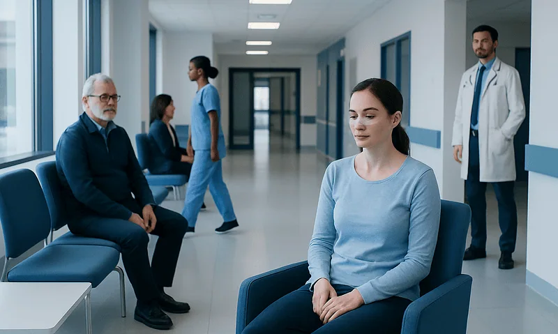 Patient waiting in hospital corridor with medical staff and visitors.