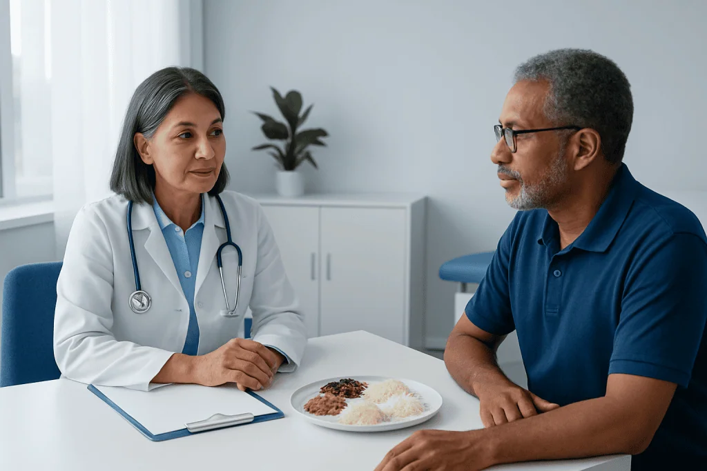 Doctor discussing rice options with patient in a medical consultation.