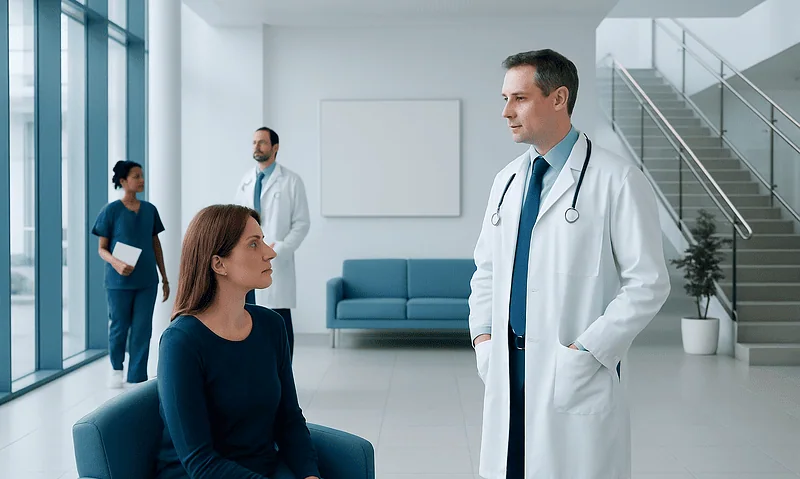 Doctor consulting with a female patient in a modern hospital lobby.