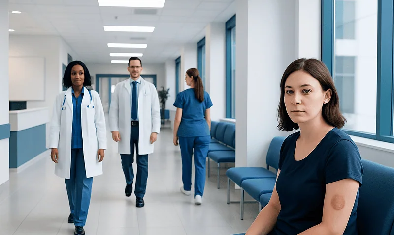 Young woman with a skin scar in a hospital corridor with medical staff.
