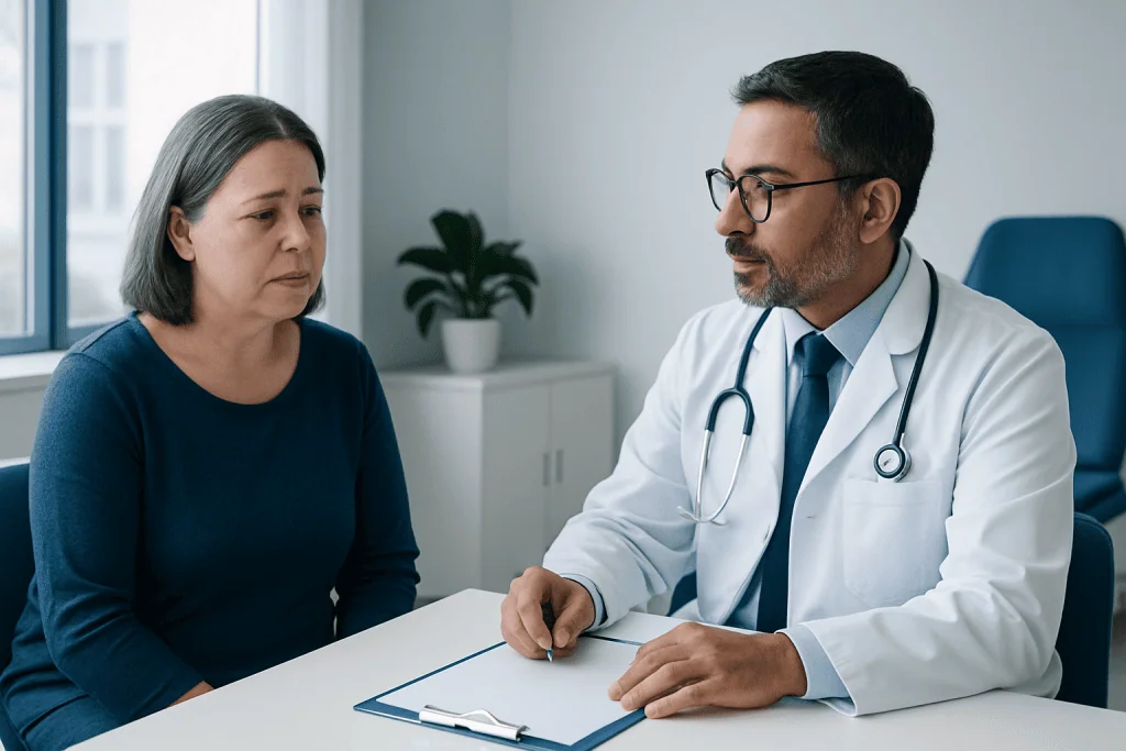 Doctor consulting with a middle-aged woman about thyroid health.