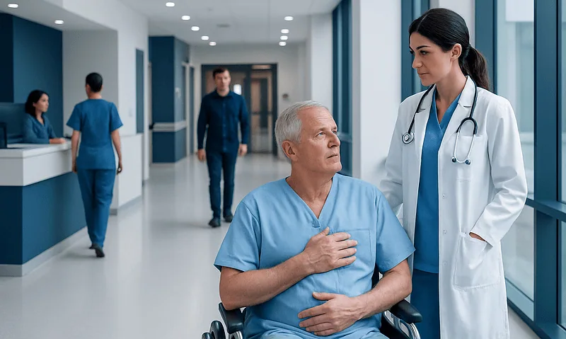 Hospital scene with doctor and patient discussing heart health.