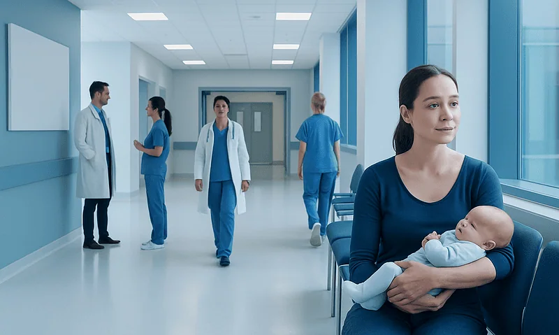 Mother with baby in hospital corridor at Acibadem Hospitals Group.