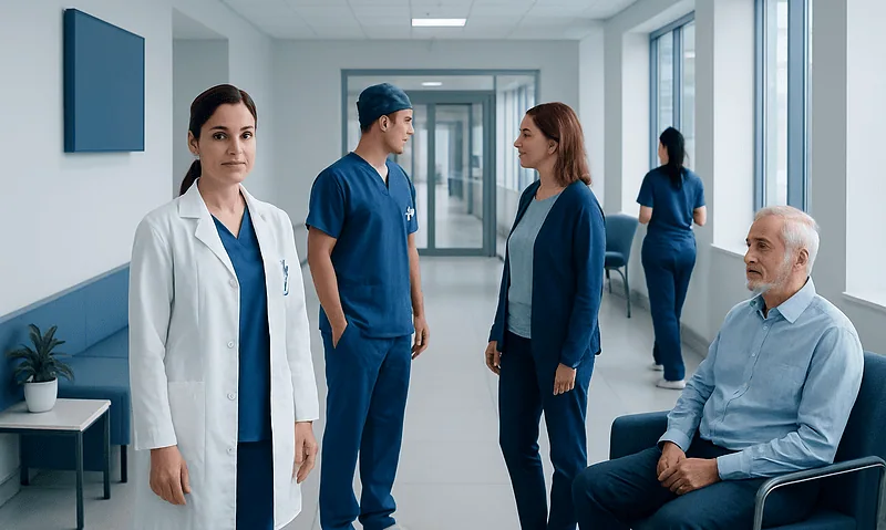 Medical team and patient in hospital corridor at Acibadem Hospitals Group.