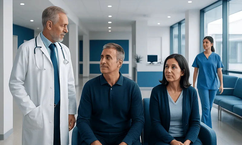 Doctor consulting with patients in a modern hospital corridor.