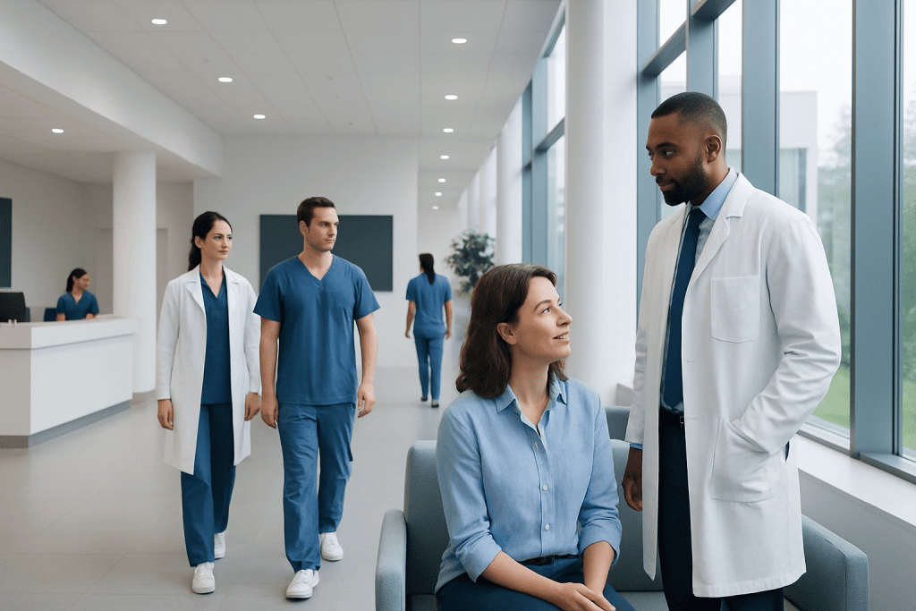 Rns Implant: An Evidence-Based Patient Guide 1 Healthcare professionals and patient in a modern hospital corridor.