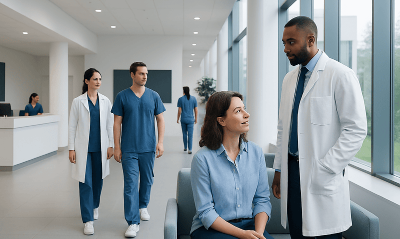 Healthcare professionals and patient in a modern hospital corridor.