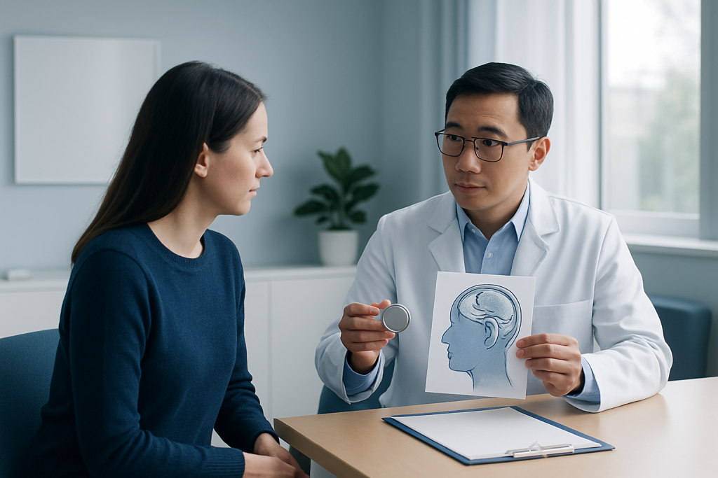 Doctor explains brain scan to female patient in consultation room.
