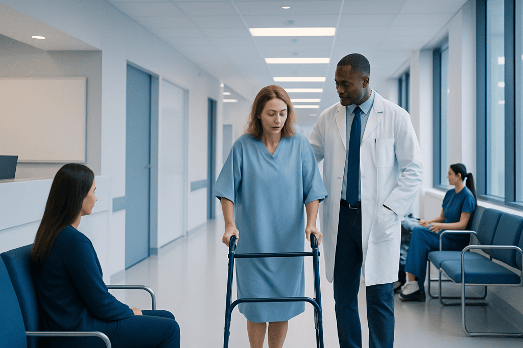 Road to Recovery: A Week-by-Week Timeline 1 Patient with walker in hospital corridor with medical staff and other patients.
