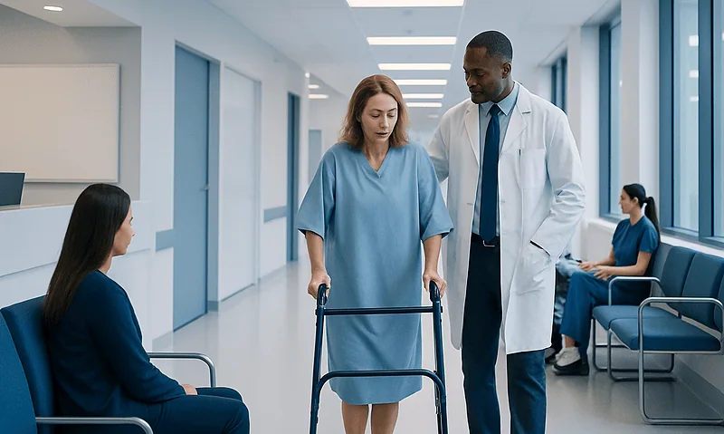Patient with walker in hospital corridor with medical staff and other patients.