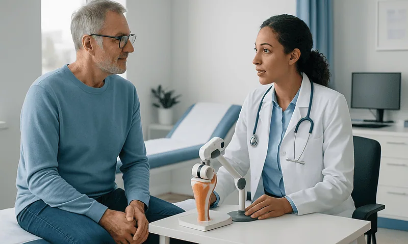 Doctor explaining robotic knee replacement to patient in clinic.
