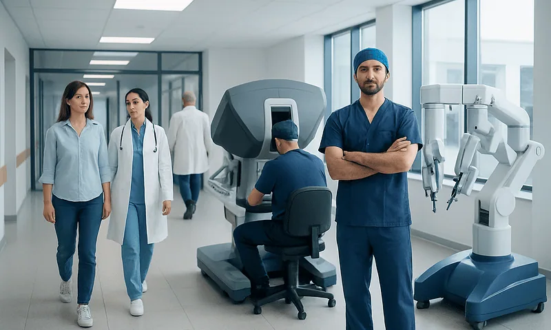 Medical team in a modern hospital with robotic surgical equipment in Turkey.