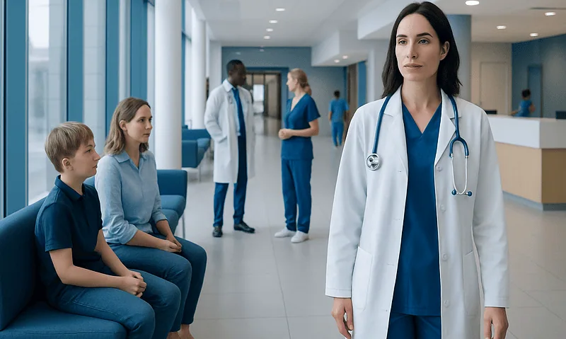 Medical professionals and patients in a modern hospital corridor.