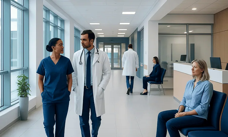 Doctors and patients in a modern hospital corridor.
