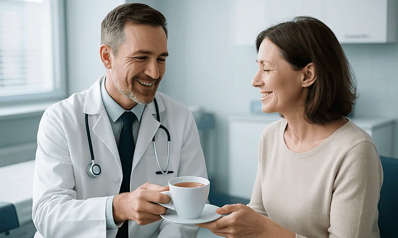 Doctor giving a cup of tea to a patient in a medical setting.