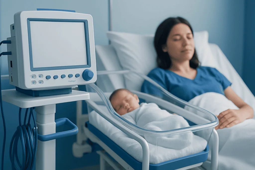 Newborn baby in incubator with mother in hospital room.