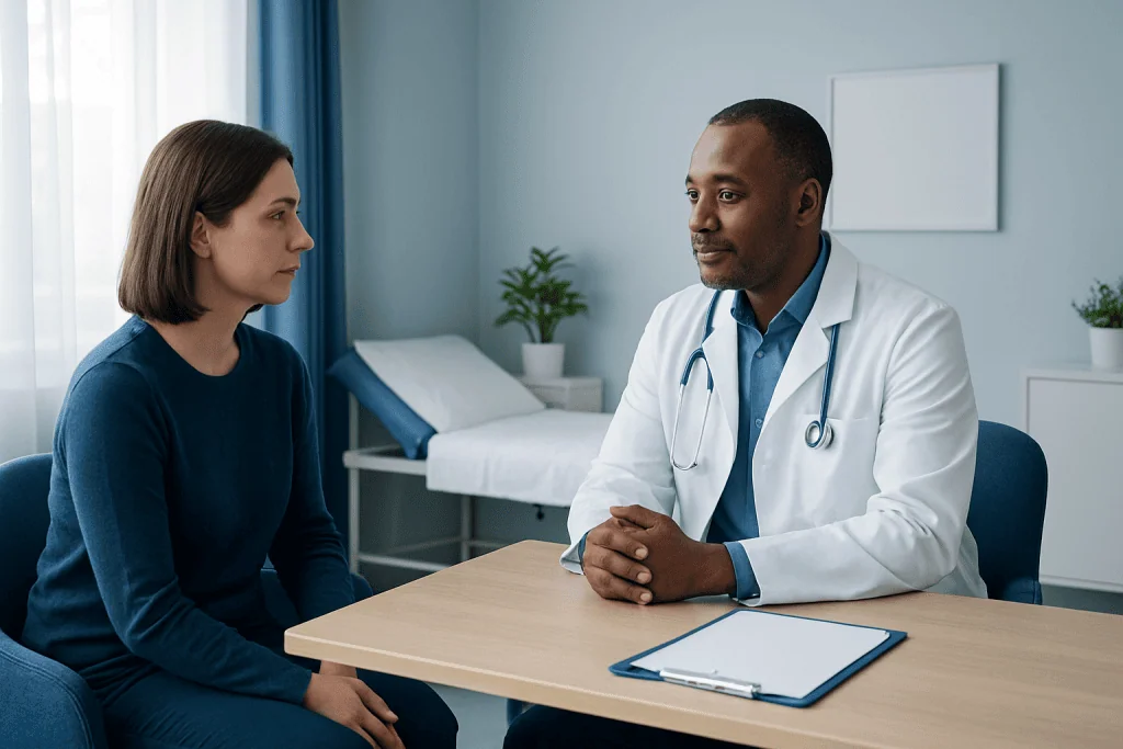Doctor consulting with a female patient in a medical office setting.